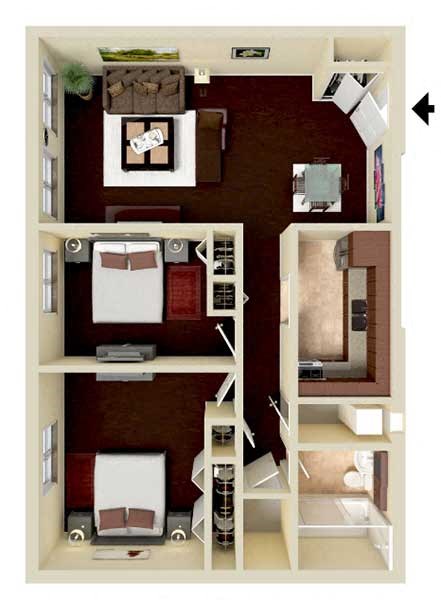 Floor plan for 2 beds, 1 bath, 740 sqft